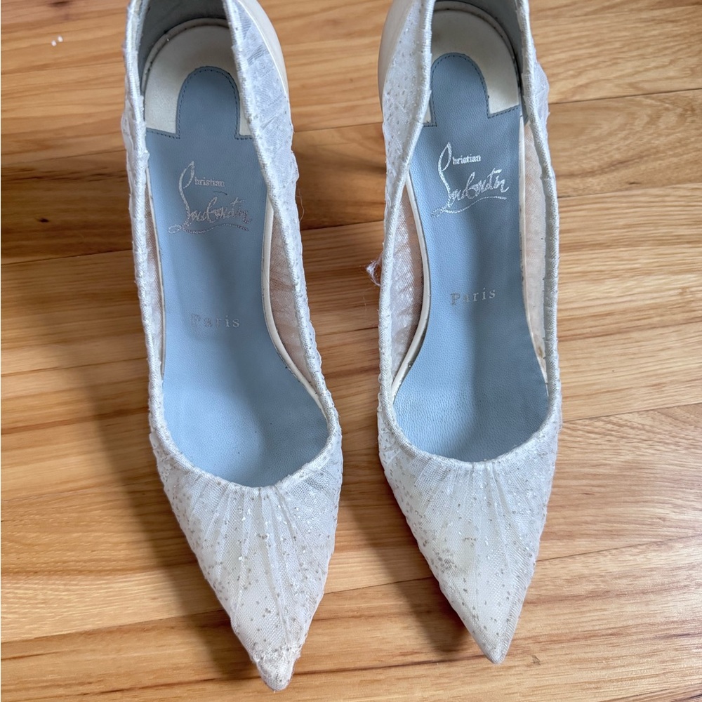 SOLD ‼️Christian Louboutin Kate Draperia 85 White Glitter Tulle Bridal Low Heel - Picture 7 of 16